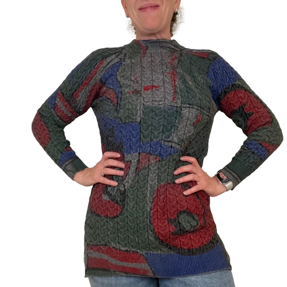 Women’s Crewneck Cable Knit Sweater in Green Multi